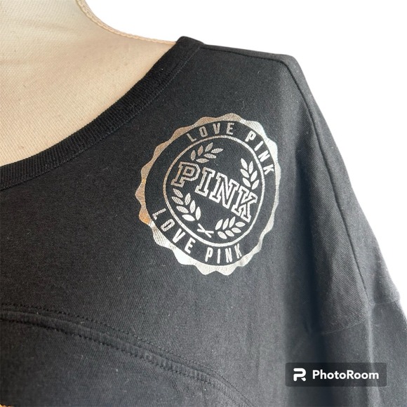 Victoria's Secret PINK Black Crew Neck 3/4 Sleeves Bling Sequin Logo T-Shirt Med - Picture 14 of 14